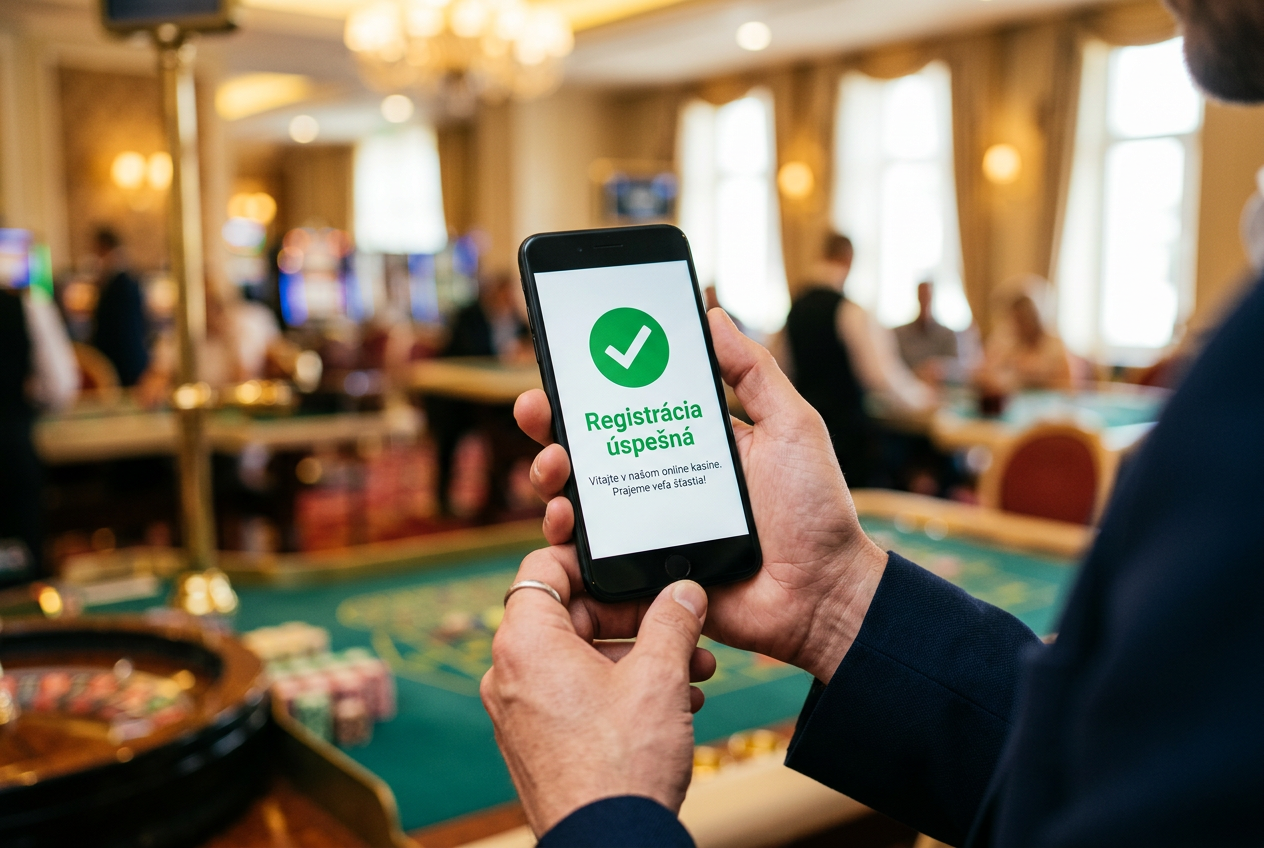 Detailný záber na smartfón zobrazujúci úspešnú registráciu v kasíne